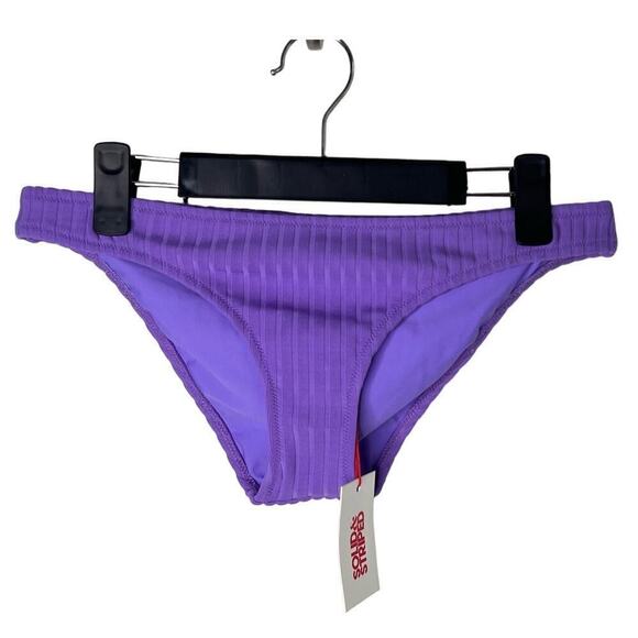NWT Solid & Striped Ribbed Low Waisted High Leg Bikini Bottom Purple Womens L - Picture 1 of 6